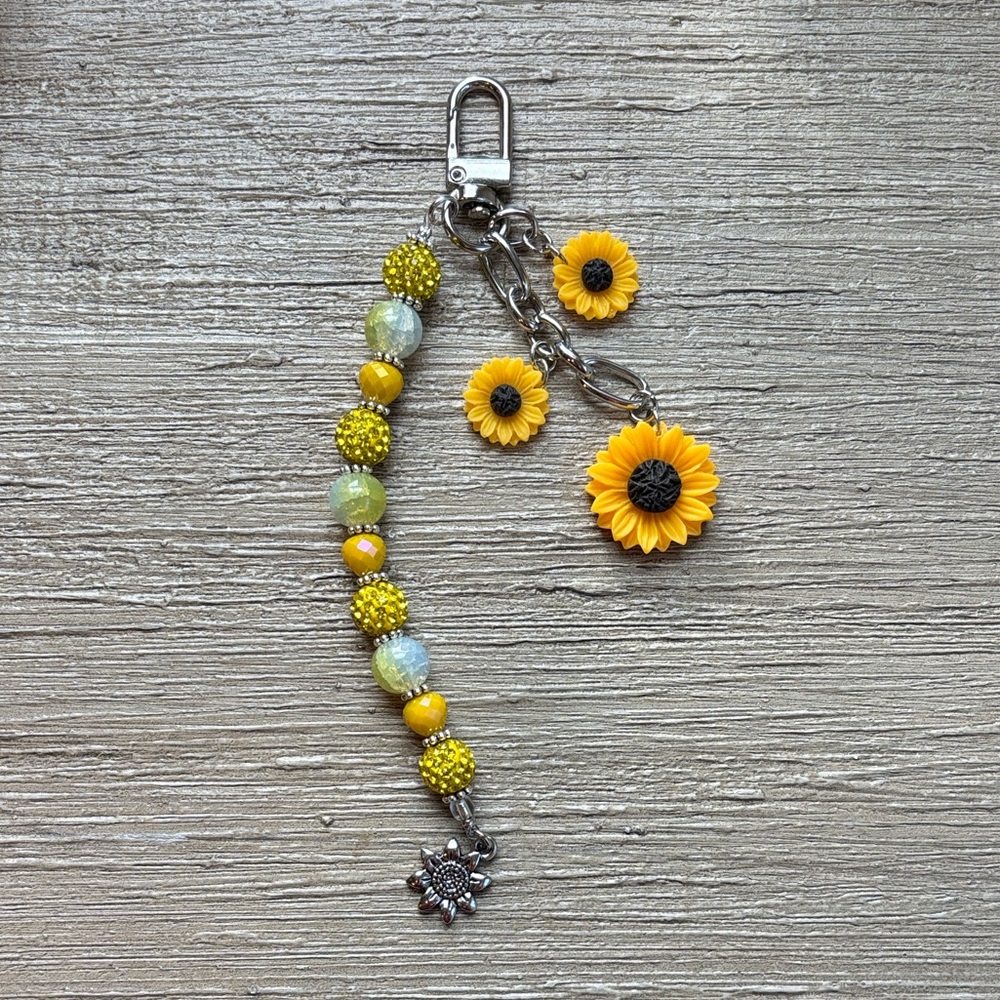 Handcrafted 7inch Sunflower Charm Keychain with Yellow Beads